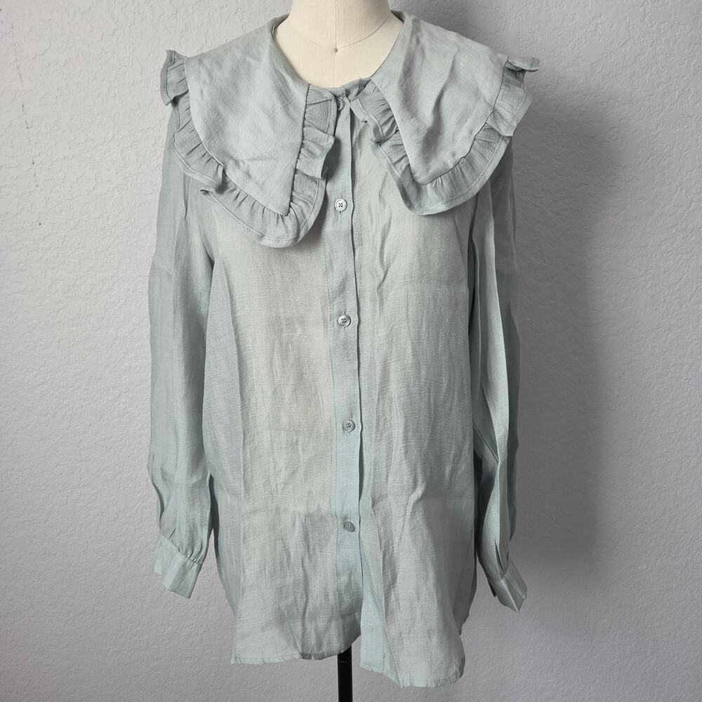 Airy Sage Tencel Blend Blouse - Romantic Ruffle Oversized Collar